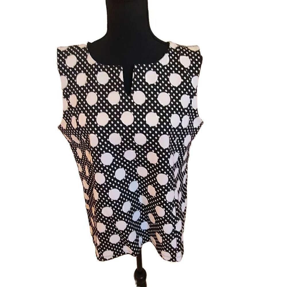 Talbots Womens Cotton Blend Black White Dancing Dots Shell Top Large Petite